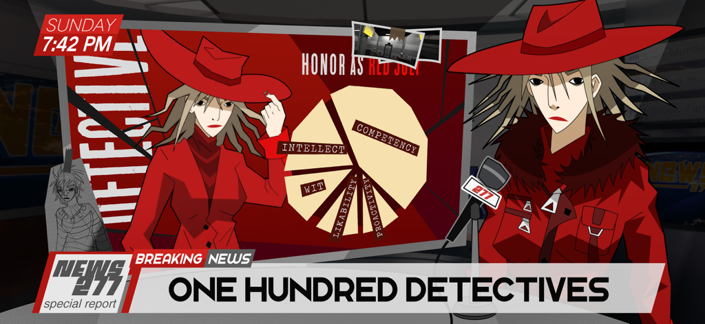 Methods: Detective Competition - A news broadcast scene from Methods Detective Competition featuring character Red July and a detective trait pie chart