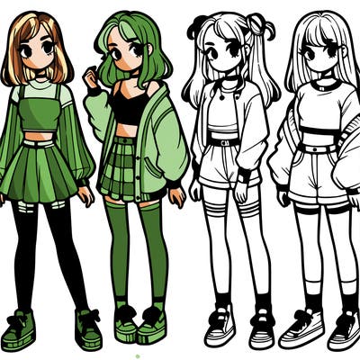 one girl with crop-top shirt and a jacket with a skirt, long socks and another girl with a shirt and pants with a jacket