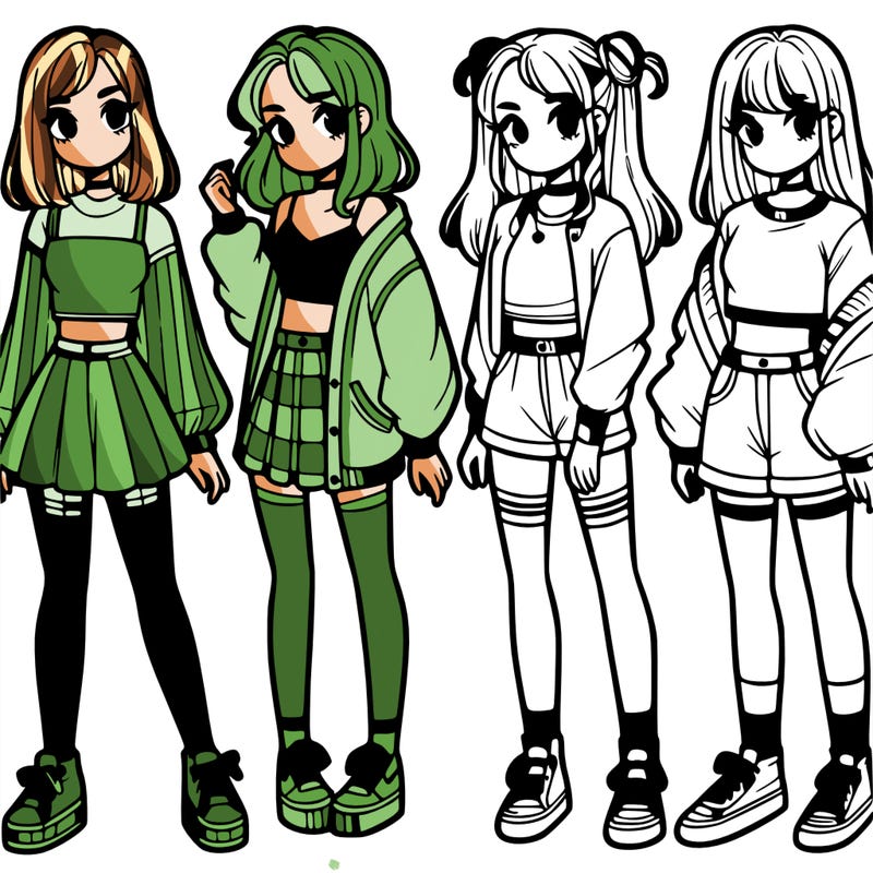 one girl with crop-top shirt and a jacket with a skirt, long socks and another girl with a shirt and pants with a jacket