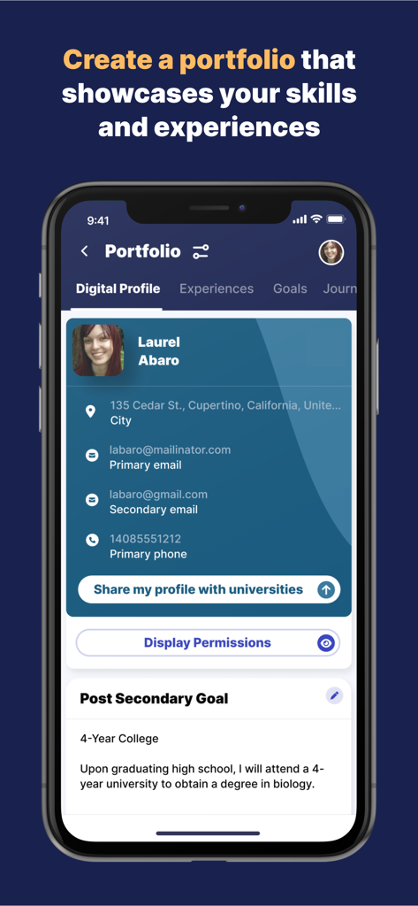 MaiaLearning - MaiaLearning app screenshot showing a student digital profile with personal information and college goals