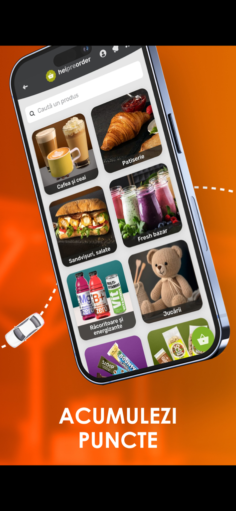 Rompetrol Go app interface showing preorder categories for food drinks and toys to earn loyalty points
