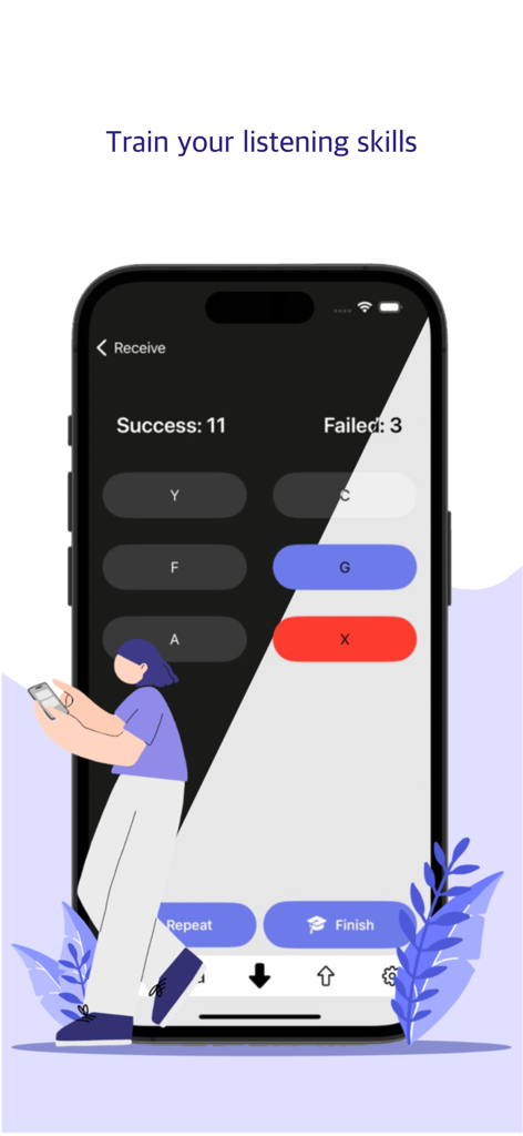 Code Morse - A screenshot of the Code Morse app interface displaying a listening training lesson.