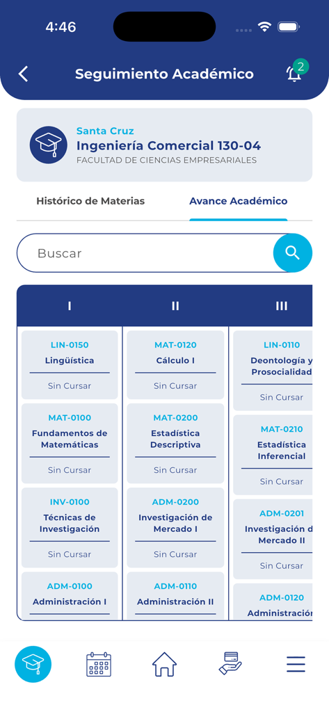 Interface of the UPDS app showing a student's academic progress and degree information including a list of subjects and semesters