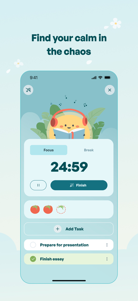 Flourish: 24/7 Wellness Buddy - Flourishアプリのポモドーロ集中タイマースクリーン。タスクリストとかわいいキャラクターのマスコットが特徴です。