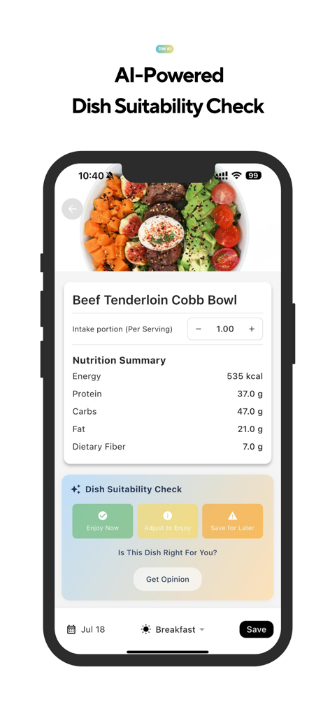 DineWell AI - DineWell AI app interface showing nutritional facts and a traffic light suitability check for a restaurant meal
