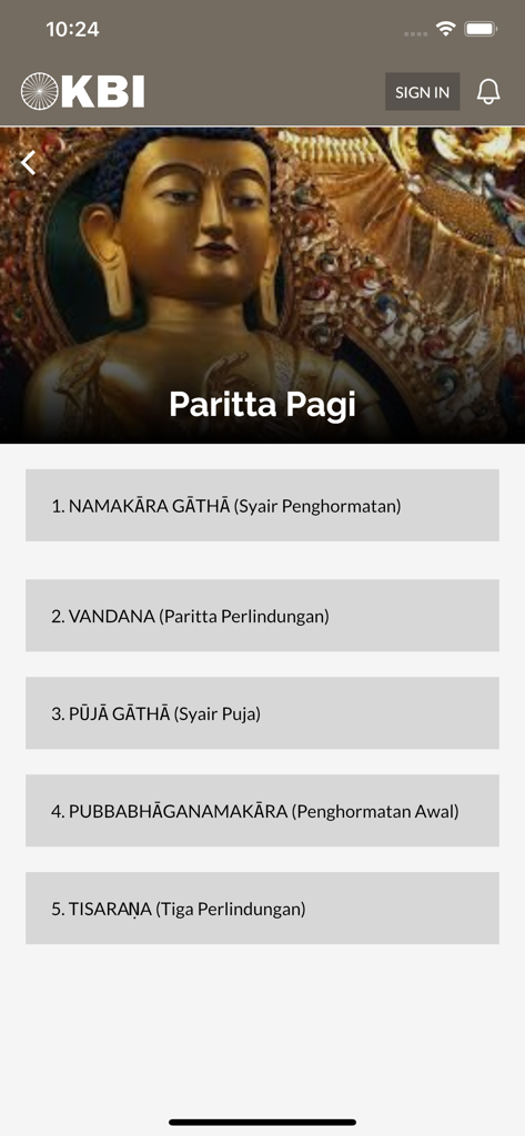 A screenshot of the Buddhayana app displaying the Paritta Pagi morning chant menu with options like Namakara Gatha and Vandana below a Buddha statue.