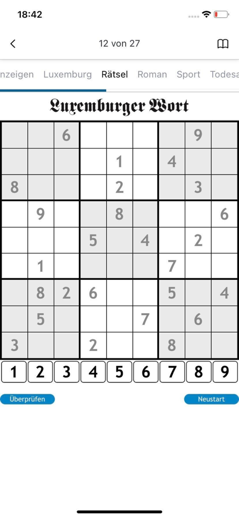 Wort E-Paper - Sudoku-Rätsel-Funktion in der digitalen Zeitungs-App Luxemburger Wort