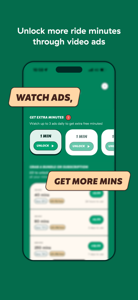 Forest - eBike Sharing - Forest e-bike app interface showing options to earn free ride minutes by watching video ads.