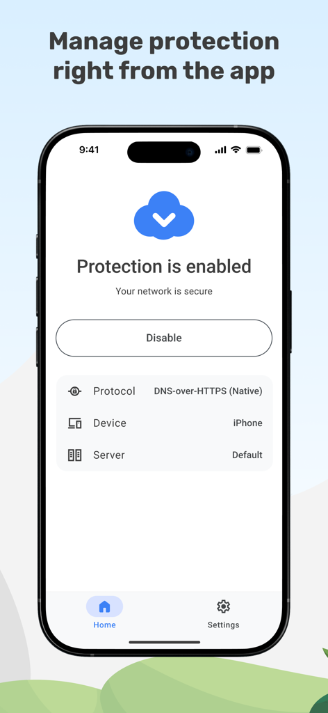 Interface do aplicativo AdGuard DNS mostrando proteção ativada e detalhes de segurança de rede.