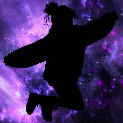 realistic girl jumping with a bun and oversized sweatshirt