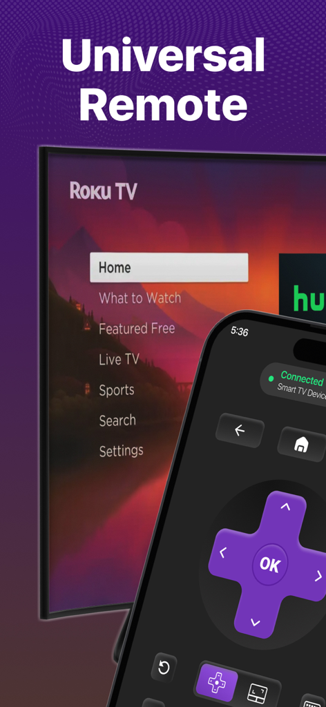 TV Remote, Universal Control - iPhone affichant l'interface d'une application de télécommande TV universelle connectée à une TV Roku