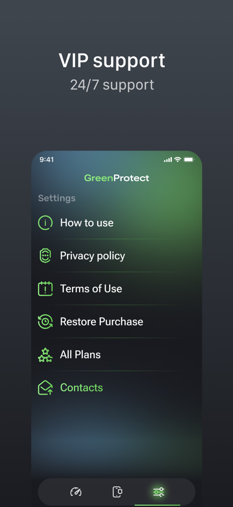 VPN PRO - Unlimited Protection - Menu delle impostazioni dell'app VPN PRO che mostra opzioni di supporto e privacy.