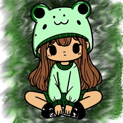 a girl wearing a frog hat and some frog socks