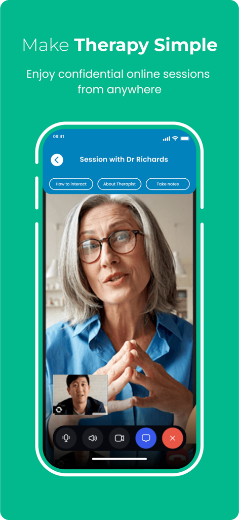 A video call interface on the Kubri Talk app showing a session between a therapist and a client.