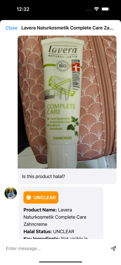 Mobile app interface showing an AI analysis of a toothpaste tube to check its halal status.