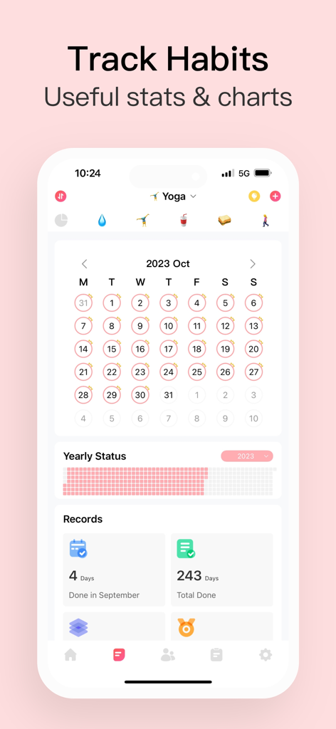 Habit Tracker app interface showing a monthly calendar and yearly progress statistics.