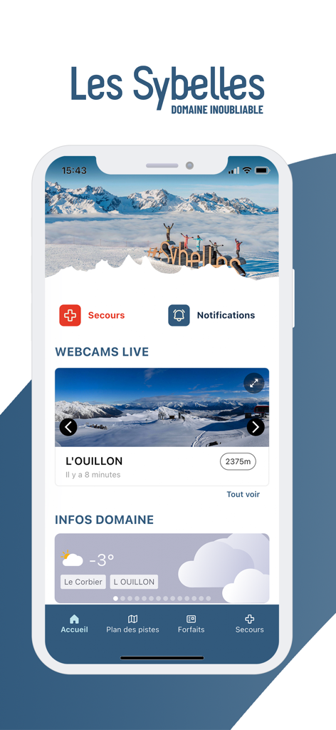 Les Sybelles - Les Sybelles Mobile App Startbildschirm mit Live-Webcams und Wetterinformationen des Skigebiets