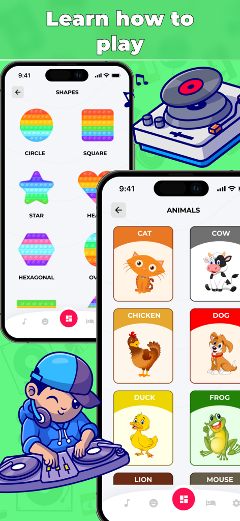 Nursery Rhymes & Lullabies - Pantallas de la app Rimas y Canciones de Cuna mostrando tarjetas educativas de formas y animales