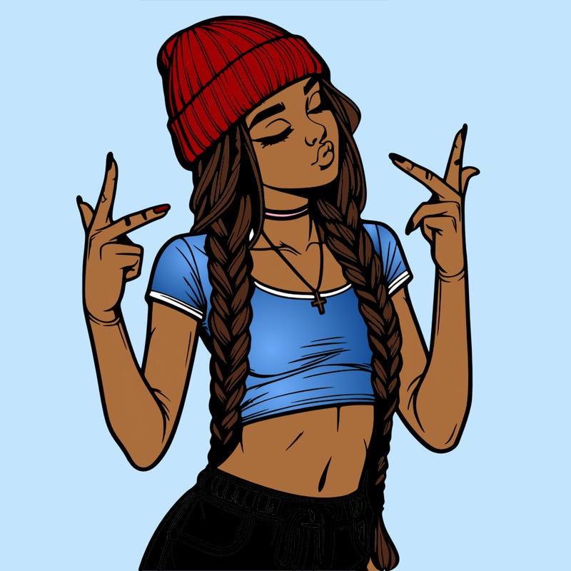 realistic teenage girl with braids and a beanie and crop top doing 🫶🏼