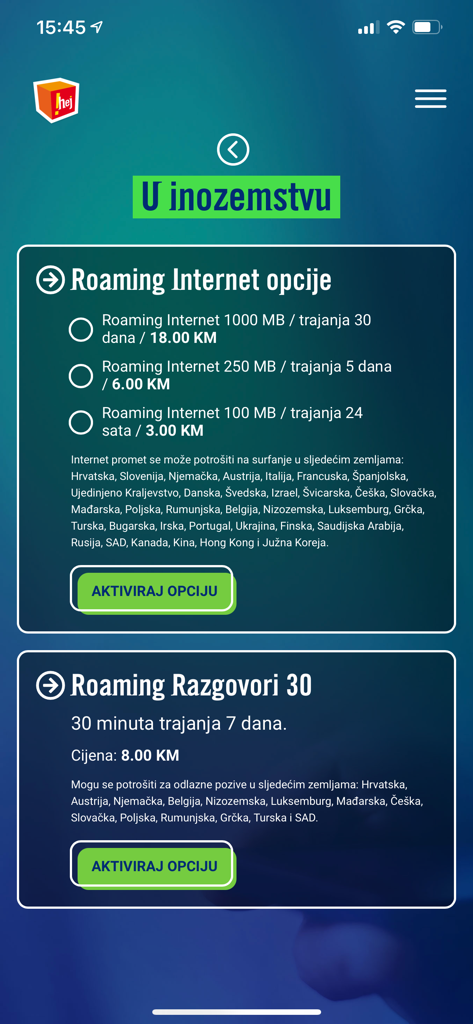 Captura de tela do aplicativo móvel hej mostrando opções de internet e chamadas de roaming internacional para usuários que viajam para o exterior