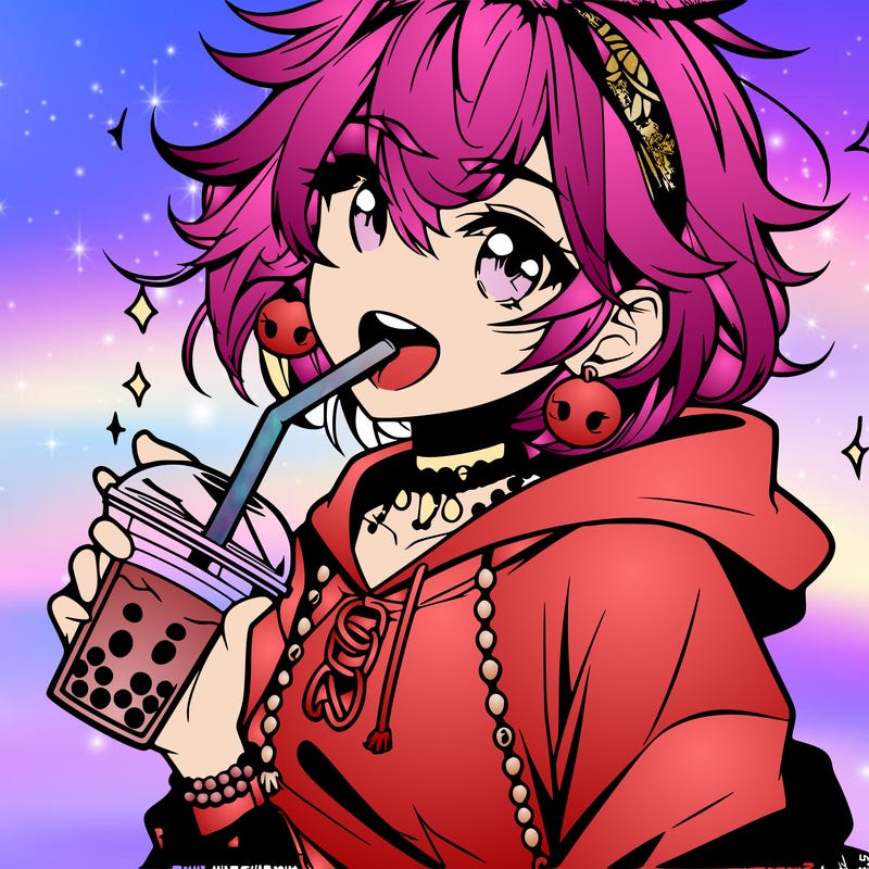 hot baddie anime girl drinking boba and biting the straw