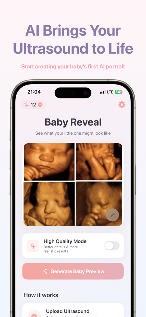Baby Reveal - Baby Reveal mobile app screen showing 3D ultrasound images and AI portrait generation features
