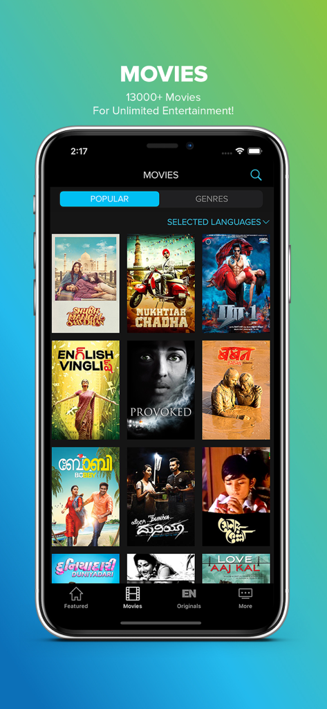 A smartphone displaying the Eros Now app movies section with various Indian film posters