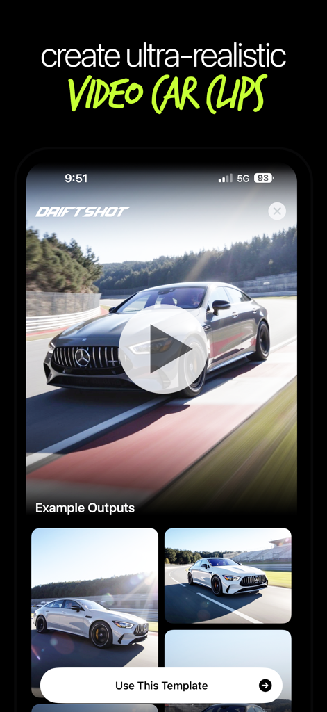 Driftshot - AI Car Designer - Driftshot app interface showing the creation of ultra-realistic AI video car clips featuring a white Mercedes on a race track.