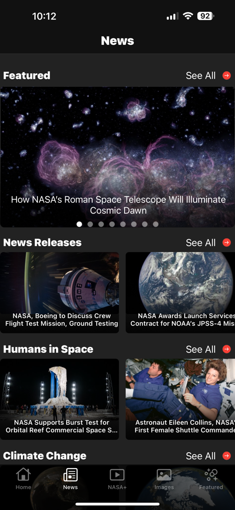 NASA - The News section of the NASA app displaying featured space stories, news releases, and updates on humans in space.