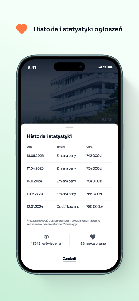 A smartphone screen from the Otodom app showing the price history and viewer statistics for a real estate listing in Poland.
