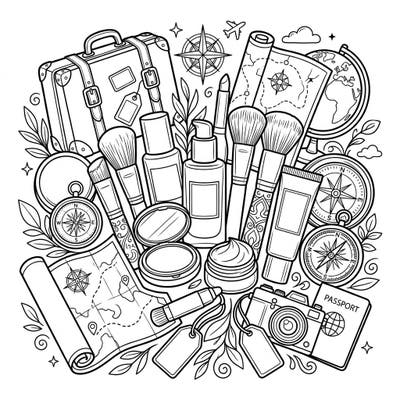 Combine your love for beauty and travel with this intricate coloring page featuring foundation products alongside charming vacation elements. It's the perfect creative escape for makeup enthusiasts and globetrotters alike.