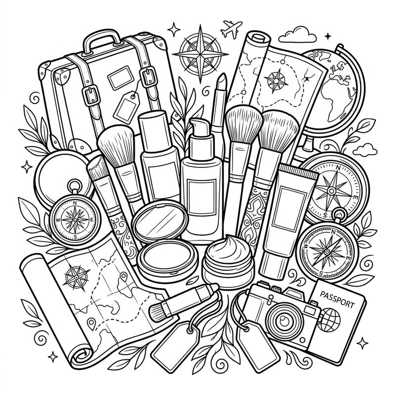 Combine your love for beauty and travel with this intricate coloring page featuring foundation products alongside charming vacation elements. It's the perfect creative escape for makeup enthusiasts and globetrotters alike.