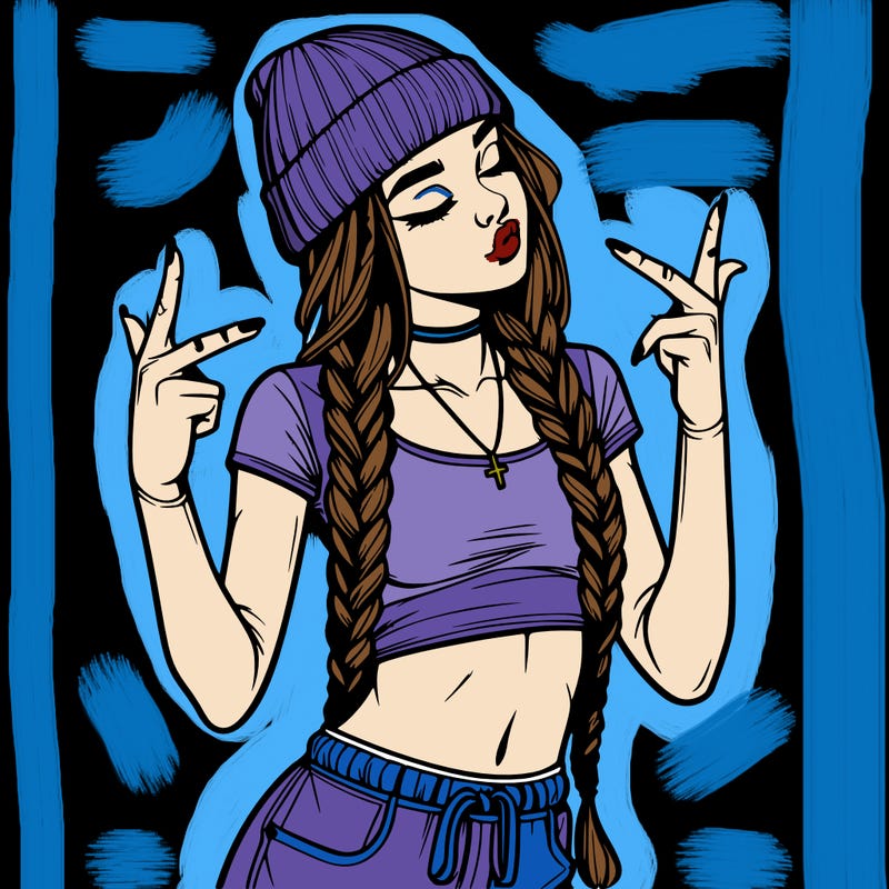 realistic teenage girl with braids and a beanie and crop top doing 🫶🏼