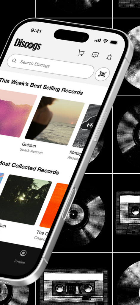 Discogs app on a smartphone screen showing best selling and most collected vinyl records.