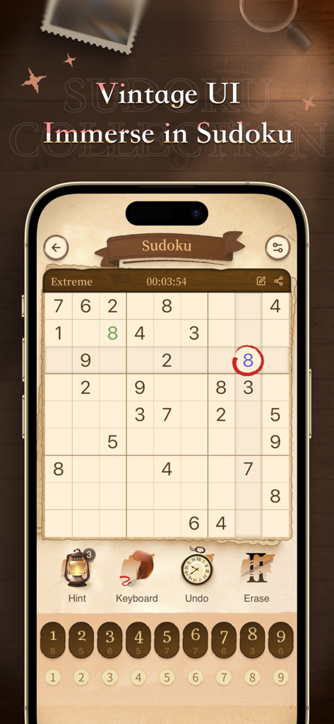 Sudoku - Retro Puzzle Games - Tablero de juego de Sudoku mostrado en un smartphone con un tema de pergamino vintage.