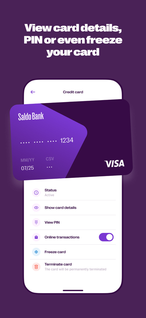 Banking with Saldo Mobile App - Saldo Bank mobile app credit card management interface showing options to view PIN and freeze card