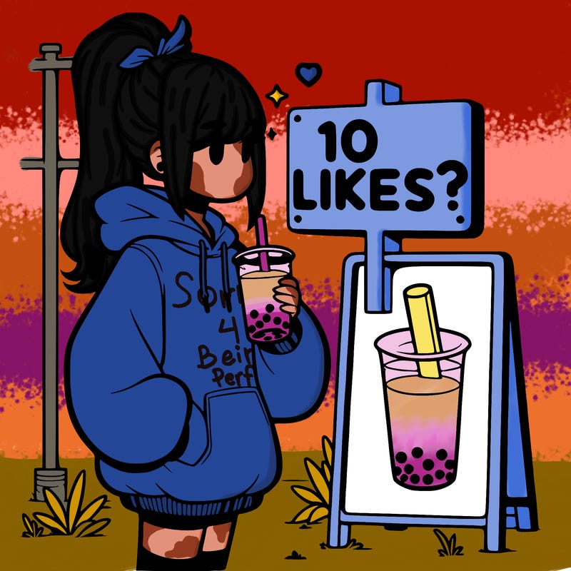 girl with oversized hoodie drinking boba and she has a high ponytail with a sign that says 10likes?