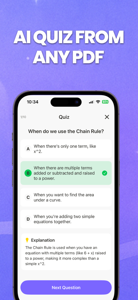 Cram Whiz app screen showing an AI generated quiz question with a correct answer and detailed explanation