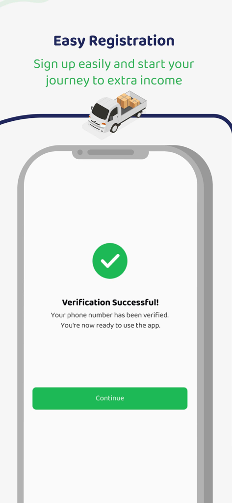 Registration success screen for the Moeen app showing successful phone number verification.