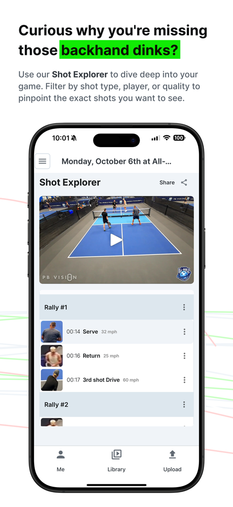 PB Vision - Pickleball video analysis in Shot Explorer showing shot types and speeds