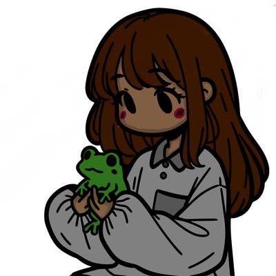 girl with long hair and a oversized shirt. and she is holding a frog