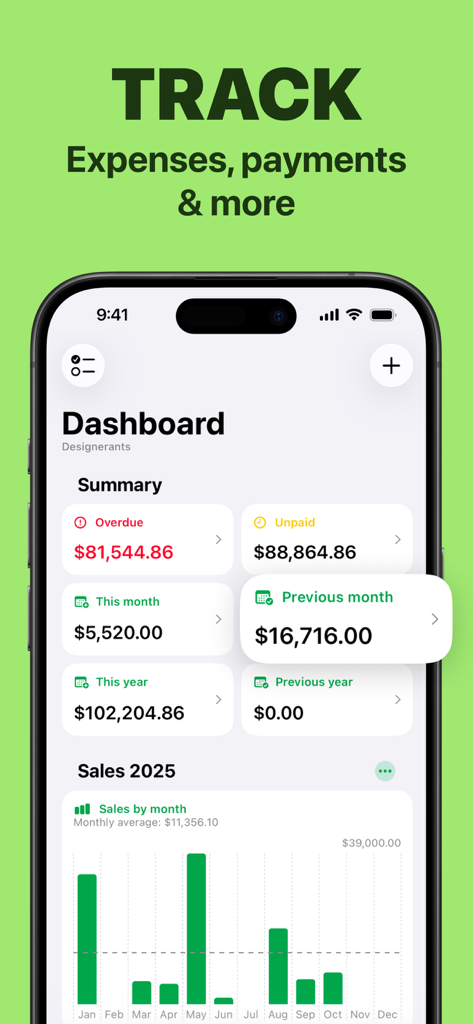 Invoice.app: Receipt Generator - Mobile dashboard of Invoice app displaying overdue payments and monthly sales charts