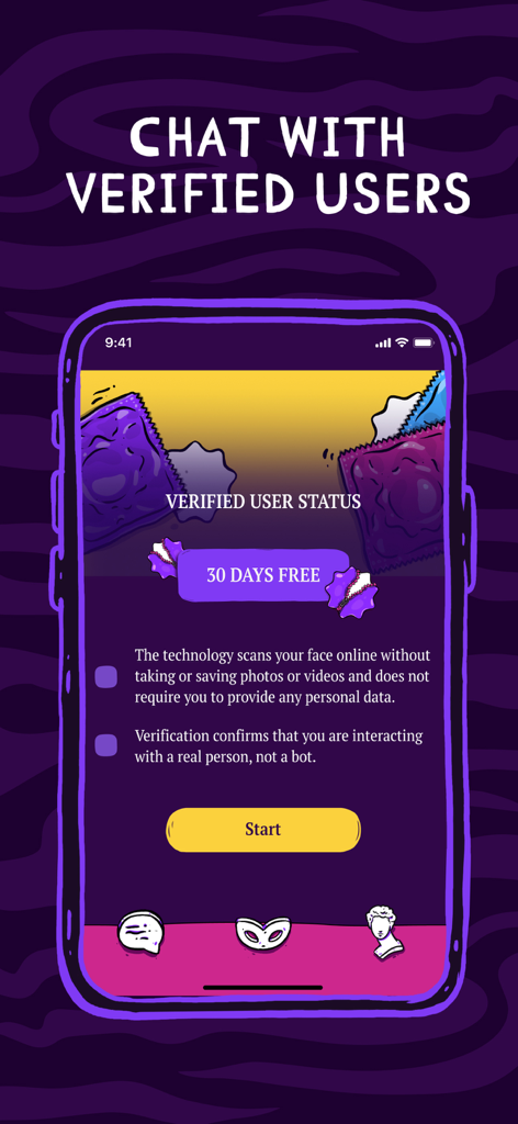 Verification screen for the Masked Love dating app explaining the face scan process and verified user benefits