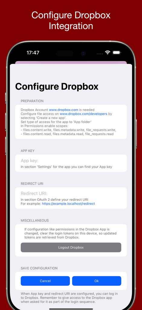 Shopping List For Me - Pantalla de configuración de integración de Dropbox para sincronizar listas de compras