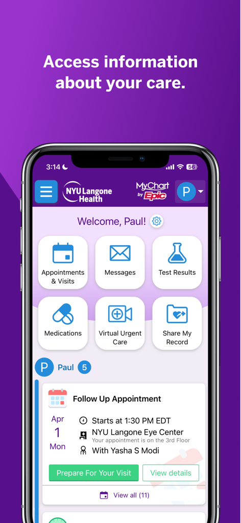 NYU Langone Health app dashboard showing patient appointments and medical management features