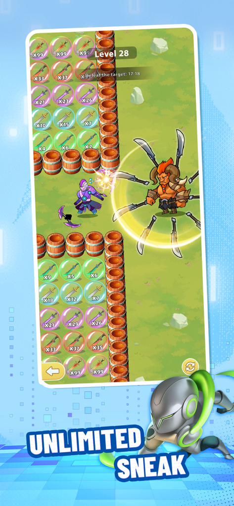 A casual gameplay scene from Titan War featuring a hero character fighting a large boss with multiple swords while collecting weapon bubbles on a grassy field.