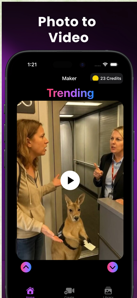 iPhone-Screenshot der KI-Videogenerator-App, die die Funktion 'Foto zu Video' mit einem Trendvideo eines Kängurus am Flughafen zeigt