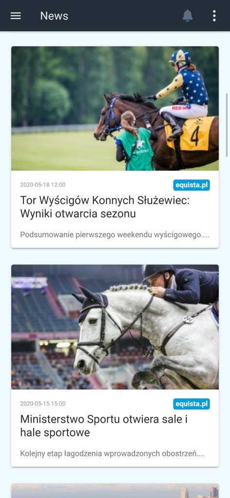 LiveJumping.com - A mobile application screen displaying a news feed with articles about equestrian competitions and horse racing results.