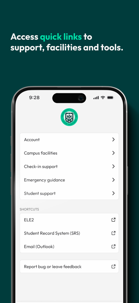 MyExeter - The MyExeter app screen displaying quick links to campus facilities, student support, and shortcuts to academic tools like ELE2 and student records.