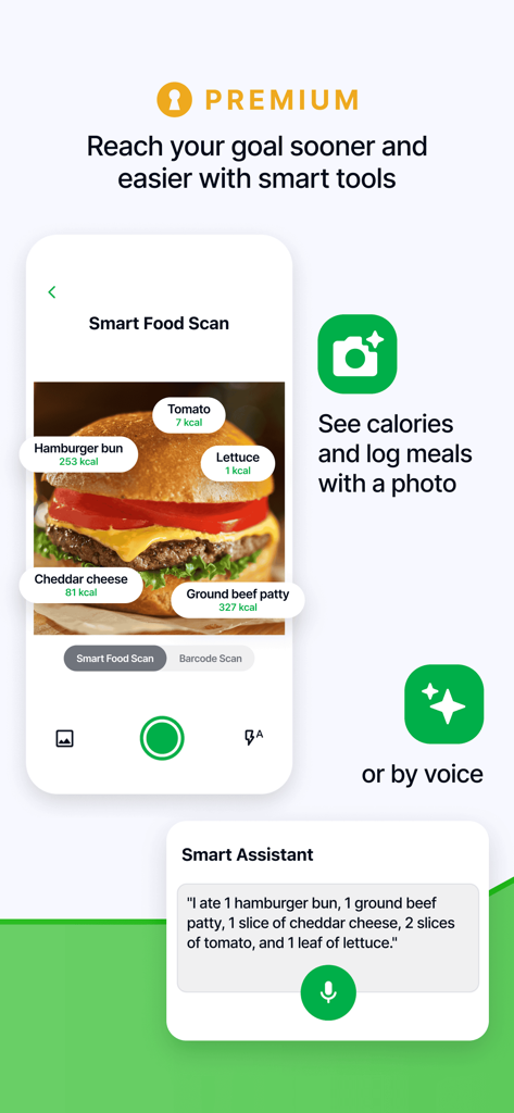 Fatsecret premium smart tools featuring food image recognition and voice logging assistant for calories